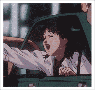 a in-movie photo of mima kirigoe. she is leaning out of a car window, smiling and waving at fans. camera flash is seen.