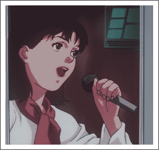 in-movie photo of mima, again. she is holding a microphone up to her mouth, which is open and in the middle of a lyric. she wears a white blouse with a red scarf, and seems happy.